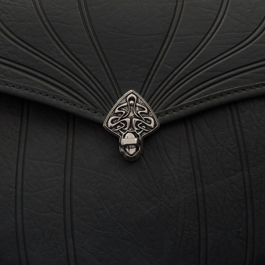 Leather Handbag, Olivia in Black, Art nouveau swirl closure close up