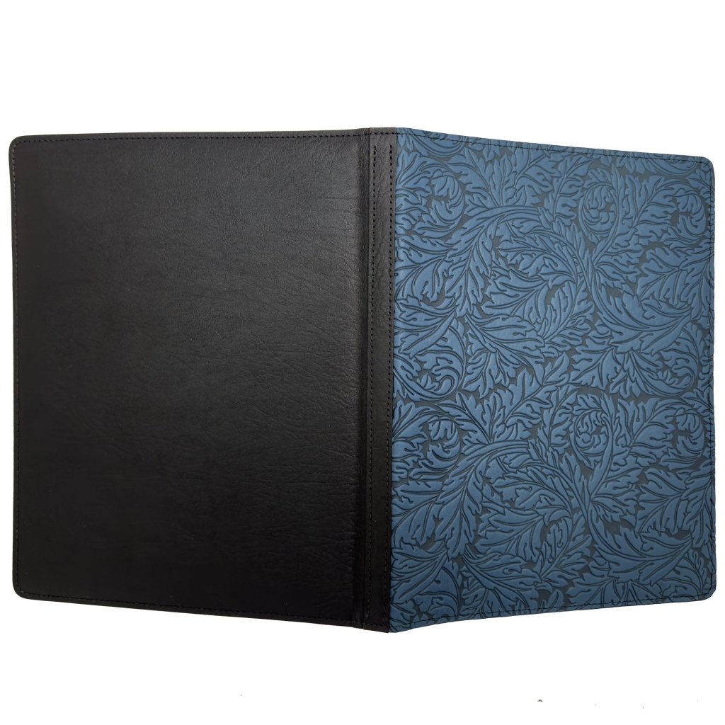 Oberon Design Large Leather Notebook Portfolio, Acanthus in Navy Open
