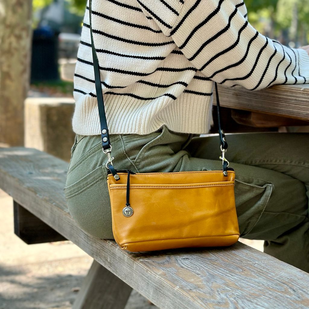Oberon Design Leather Women&#39;s Crossbody Convertible Wristlet Handbag, Yellow, Model