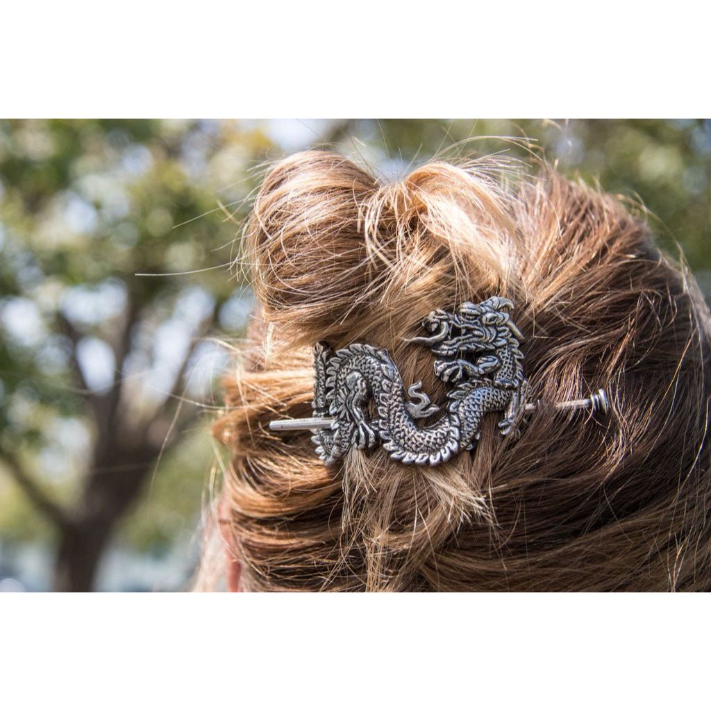 Oberon Design Hand-Cast Metal Hair Stick, Hair Slide, Pearl Dragon