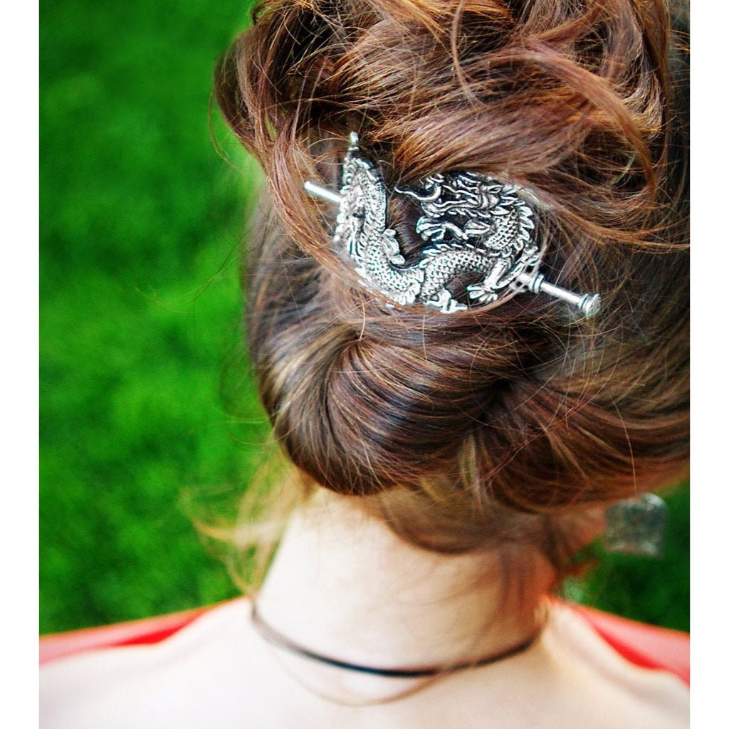 Oberon Design Hand-Cast Metal Hair Stick, Hair Slide, Pearl Dragon, Model