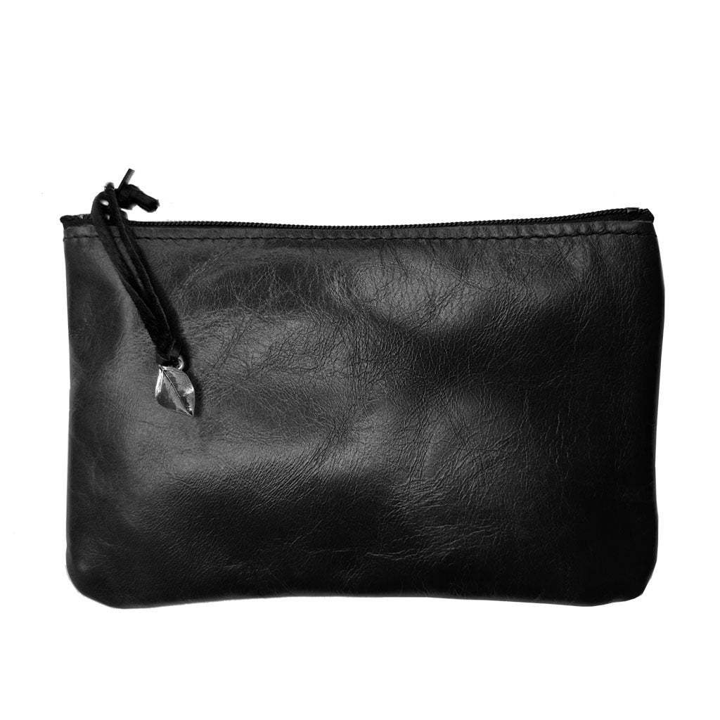 Leather 6 inch Zipper Pouch, Wallet, Coin Purse in Retro Black