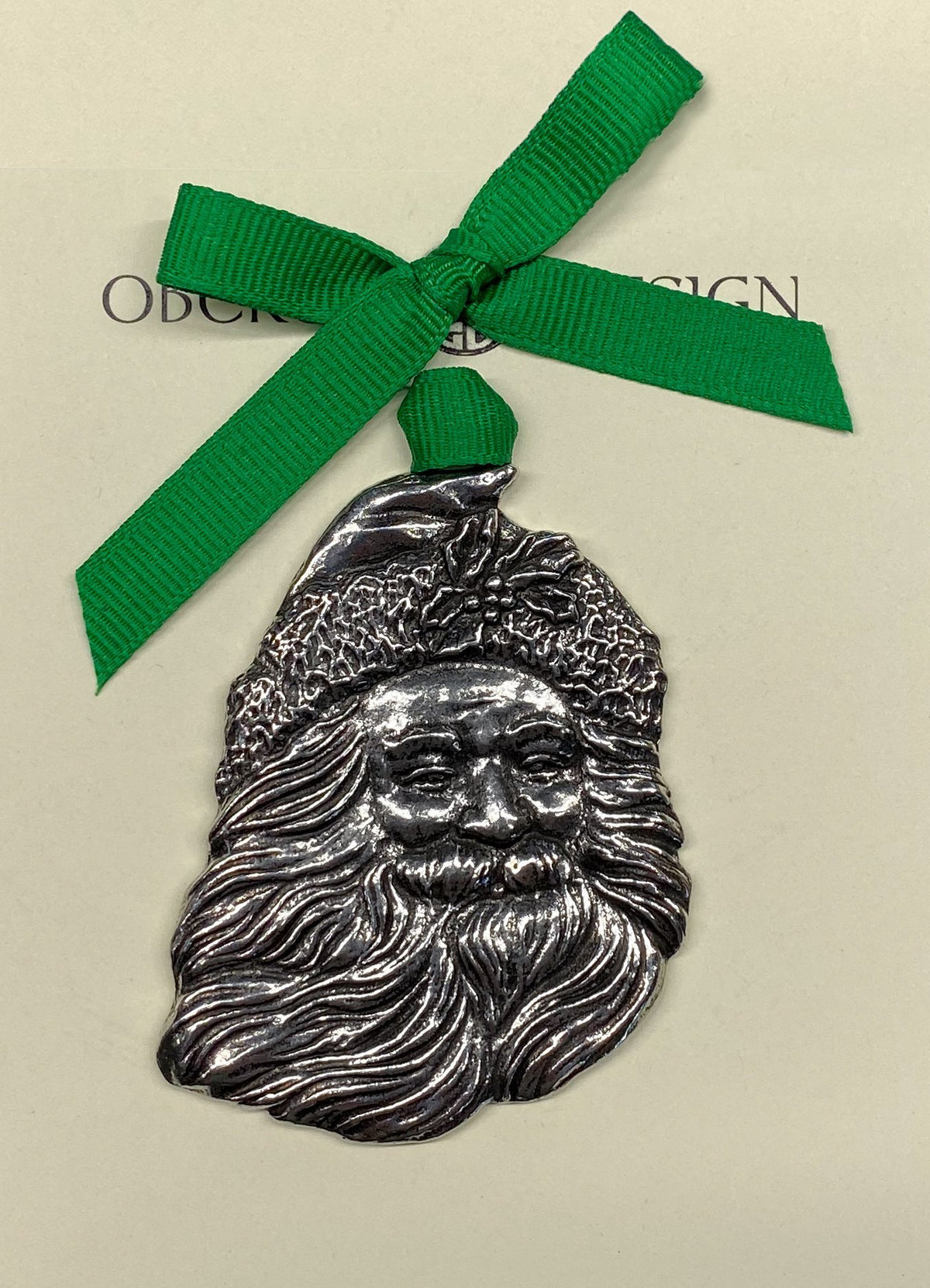 Oberon Design Holiday Ornament, Jolly Santa with Ribbon