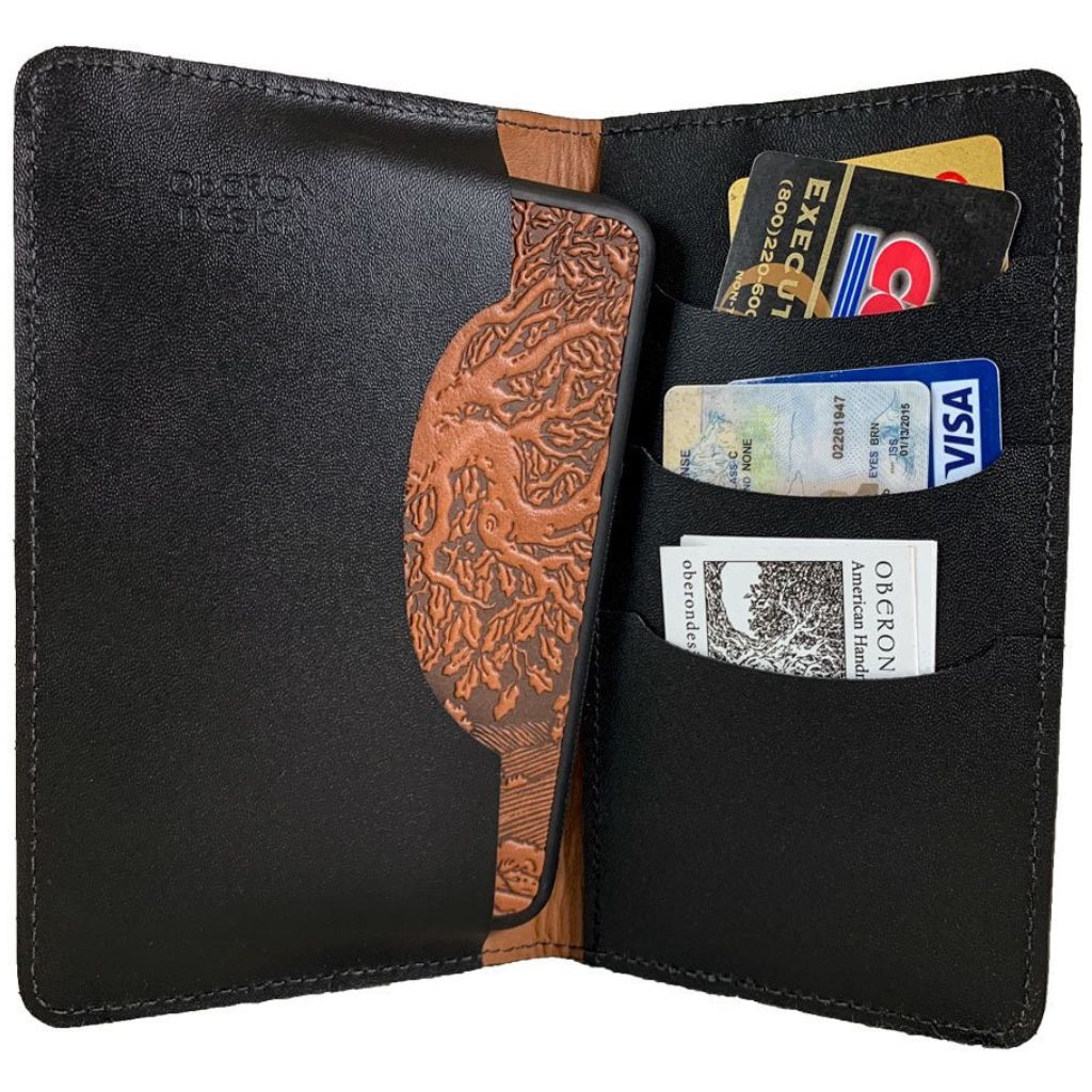 Oberon Design Large Leather Smartphone Wallet, Saddle Interior