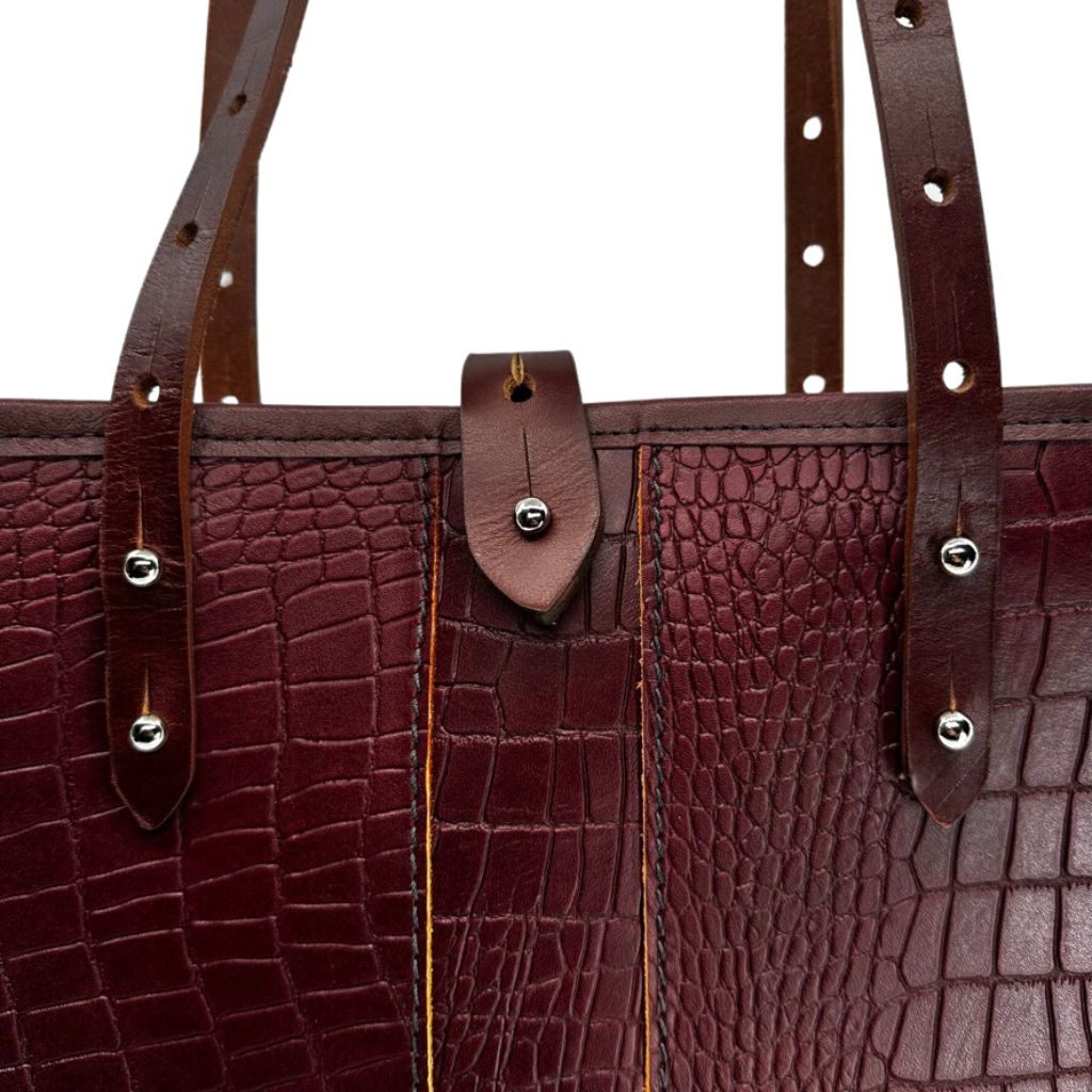 Limited Edition Leather Handbag, Sonoma Tote, Alligator Wine, Detailed Up Close View of Studs