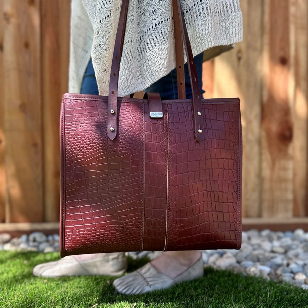 Limited Edition Leather Handbag, Sonoma Tote, Alligator Wine, Modeled Fence Image