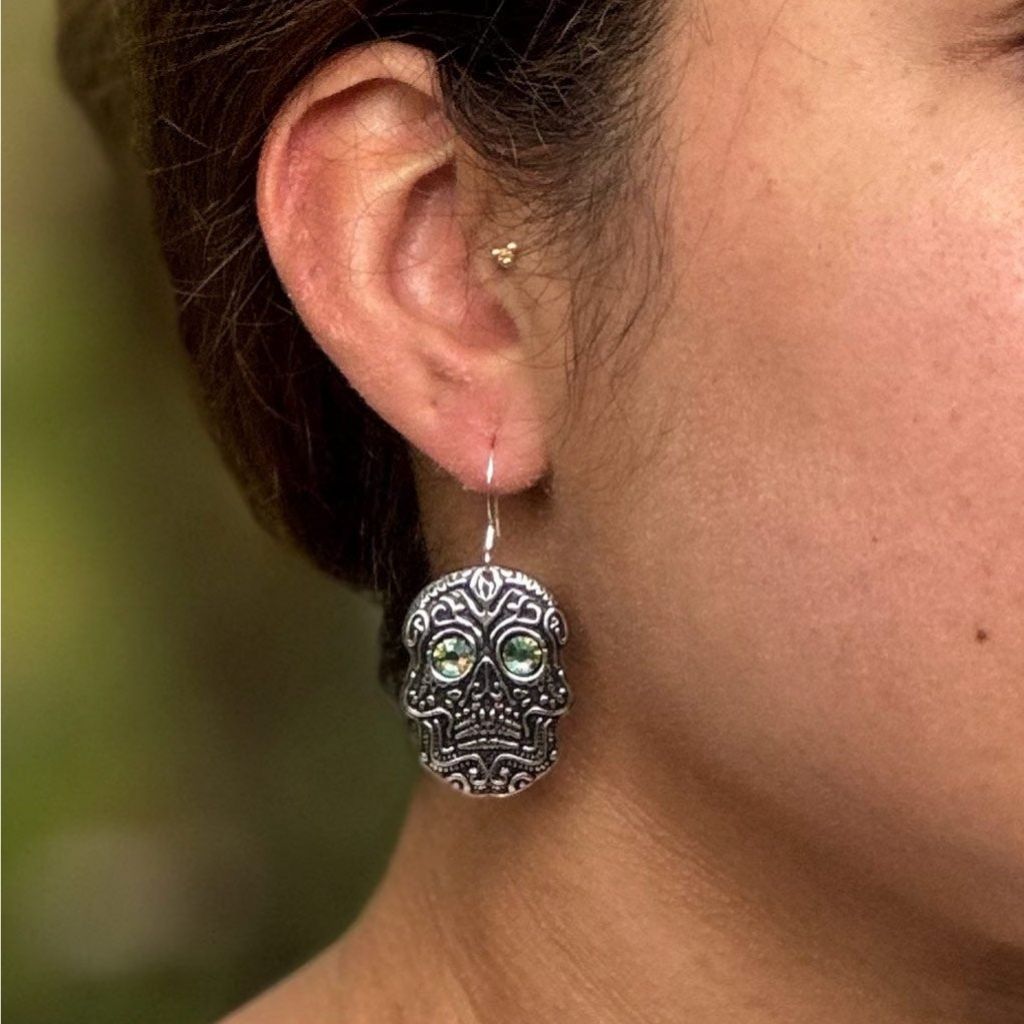 Oberon Design Britannia Metal Jewelry, Earrings, Sugar Skull, Model