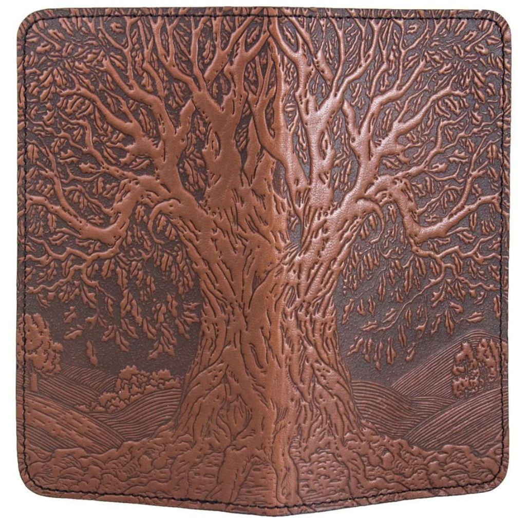 Leather Checkbook Cover, Tree of Life in Saddle - Open