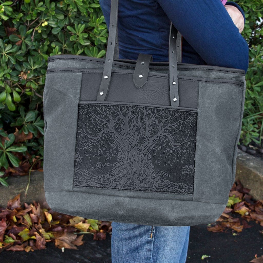 Tree of Life Everyday tote in charcoal and black on model