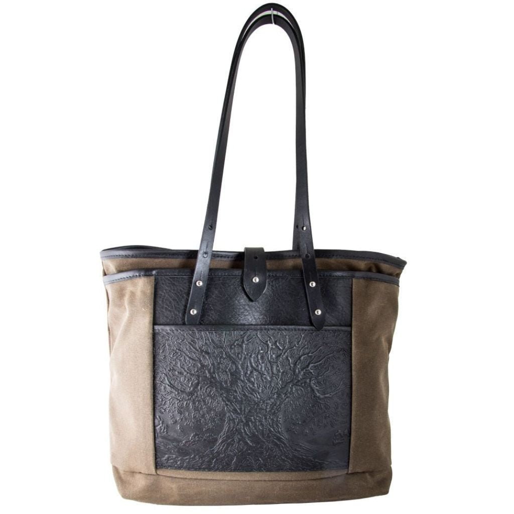 Waxed Canvas and Leather Everyday Tote, Tree of Life, 3 Colors