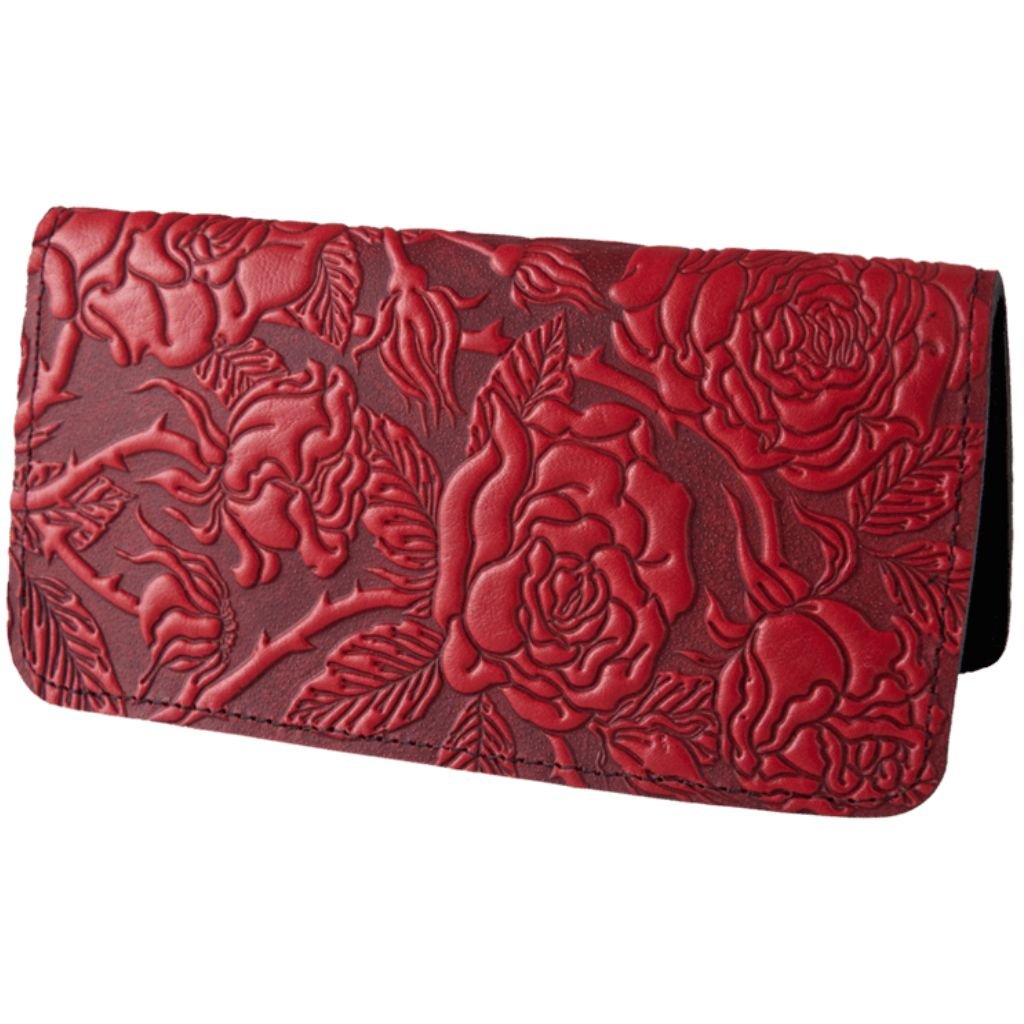 Leather Checkbook Cover, Wild Rose in Red