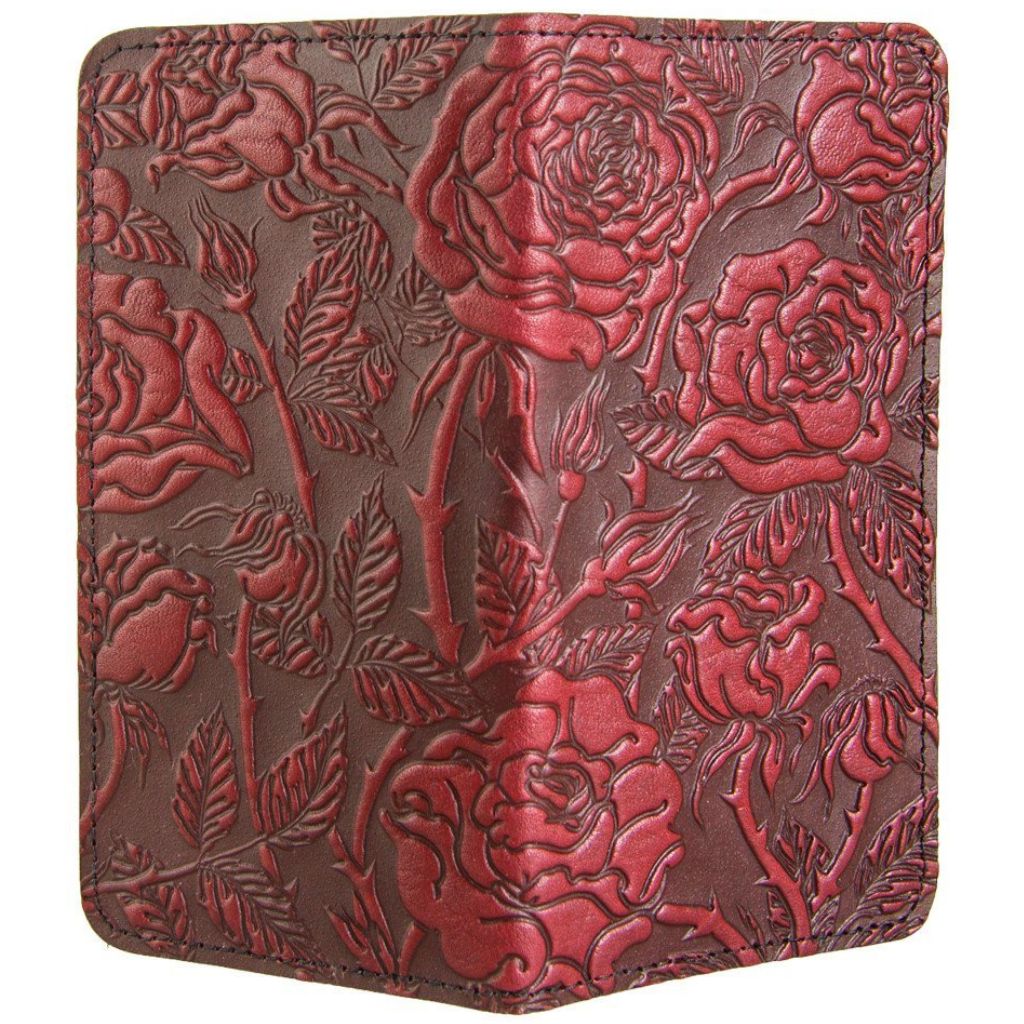 Leather Checkbook Cover, Wild Rose in Red - Open