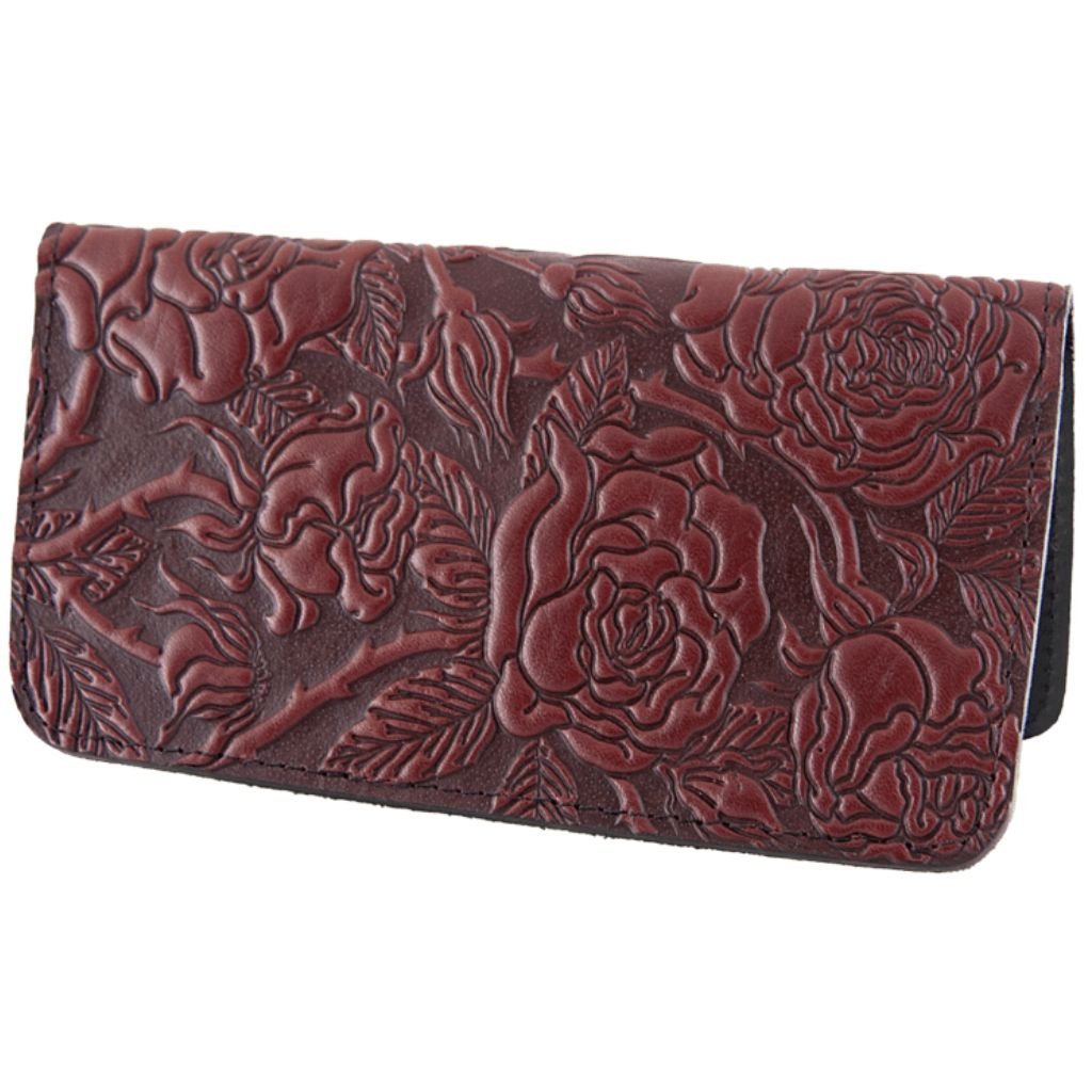 Leather Checkbook Cover, Wild Rose in Wine