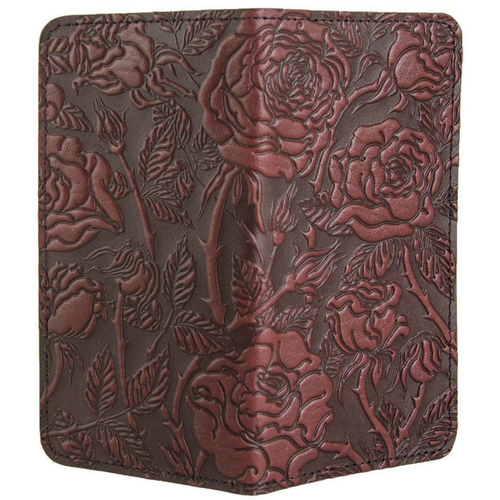 Leather Checkbook Cover, Wild Rose in Wine - Open