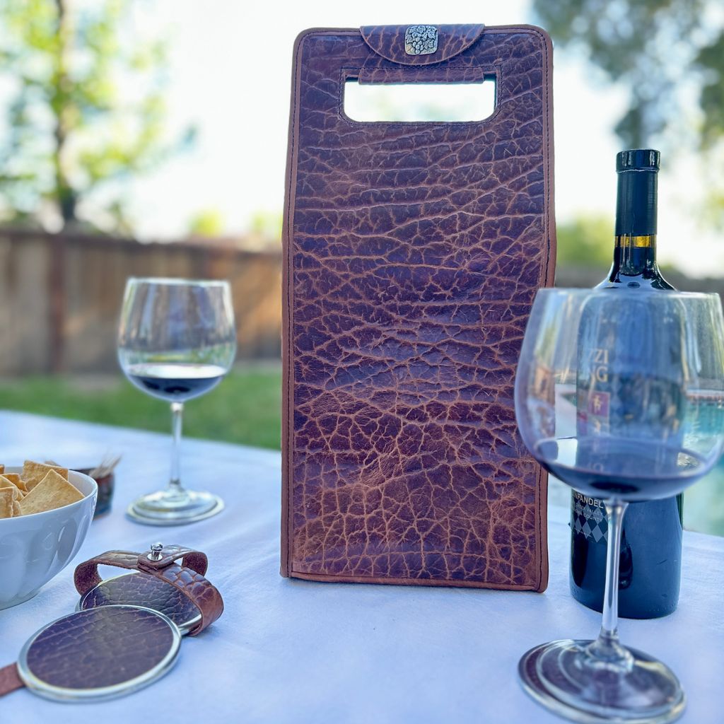 Limited Edition Rustic Leather Wine Bottle Carrier Bag, Single or Double Bottle, Glazed Bison in Tobacco