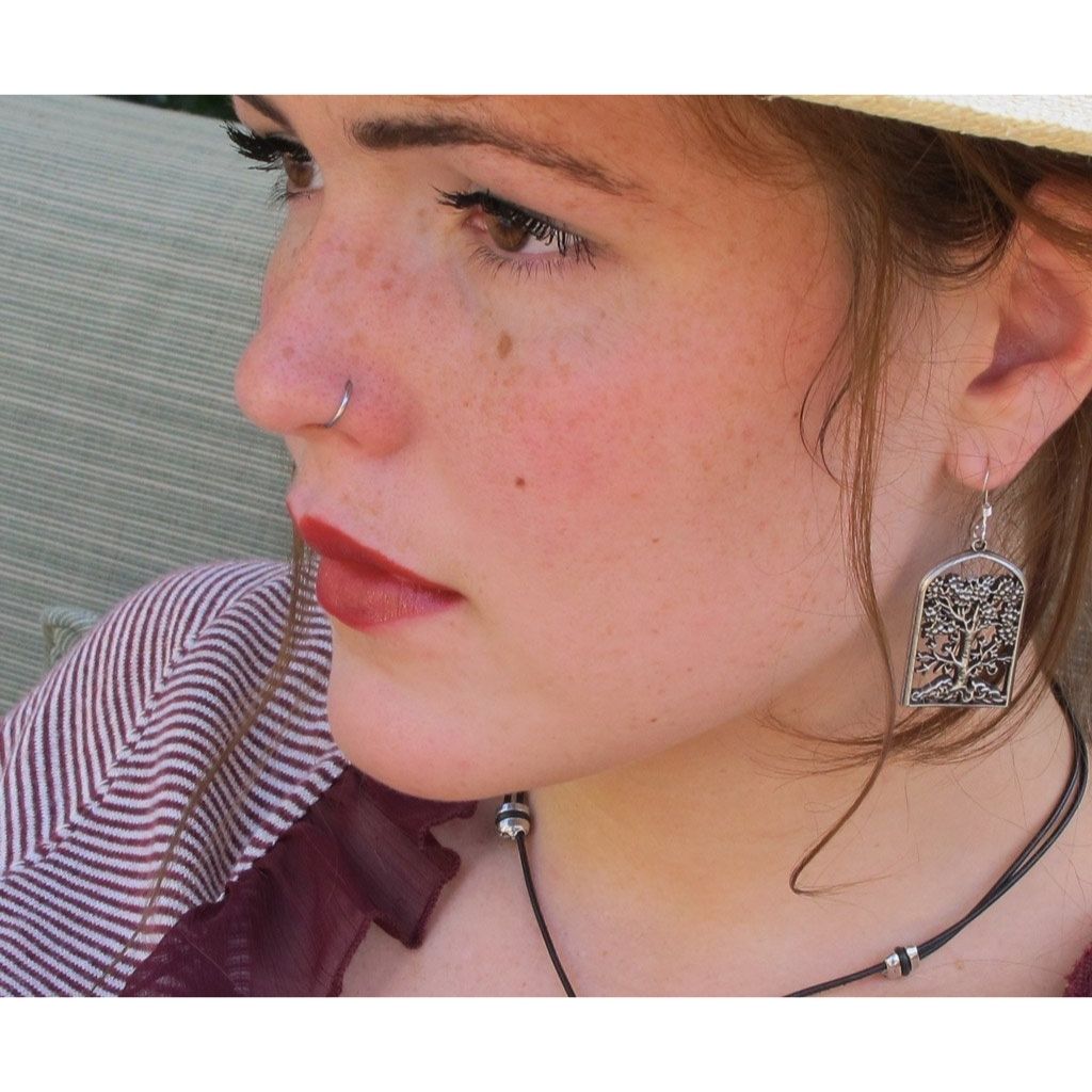 Oberon Design Britannia Metal Jewelry, Earrings, Wisdom Tree, Modeled