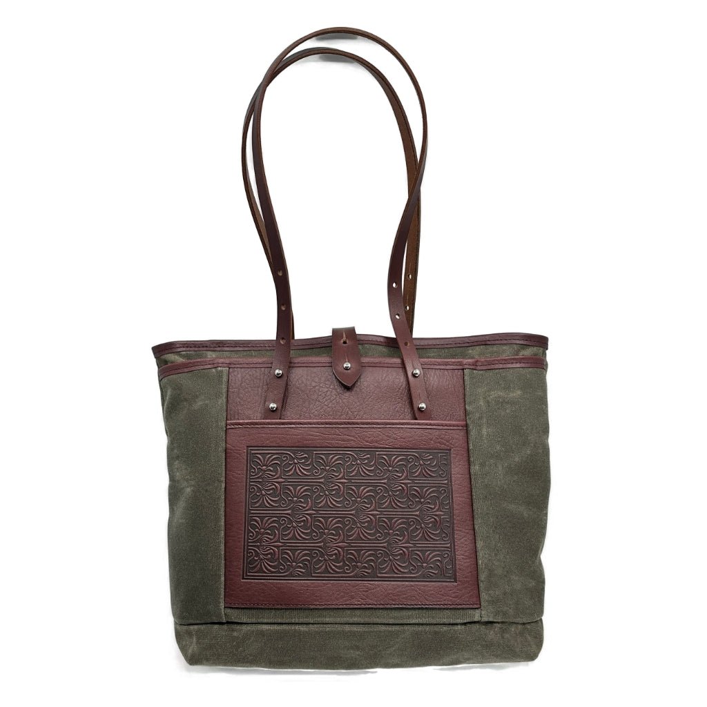 Everyday tote waxed canvas and leather Art Nouveau Lattice in Tan and Wine