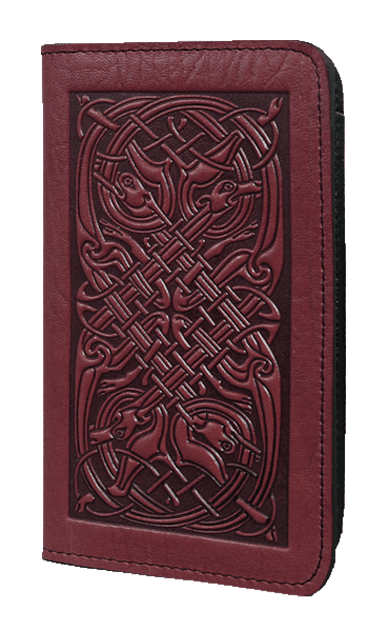 Oberon Design Small Leather Smartphone Wallet, Celtic Hounds in Wine