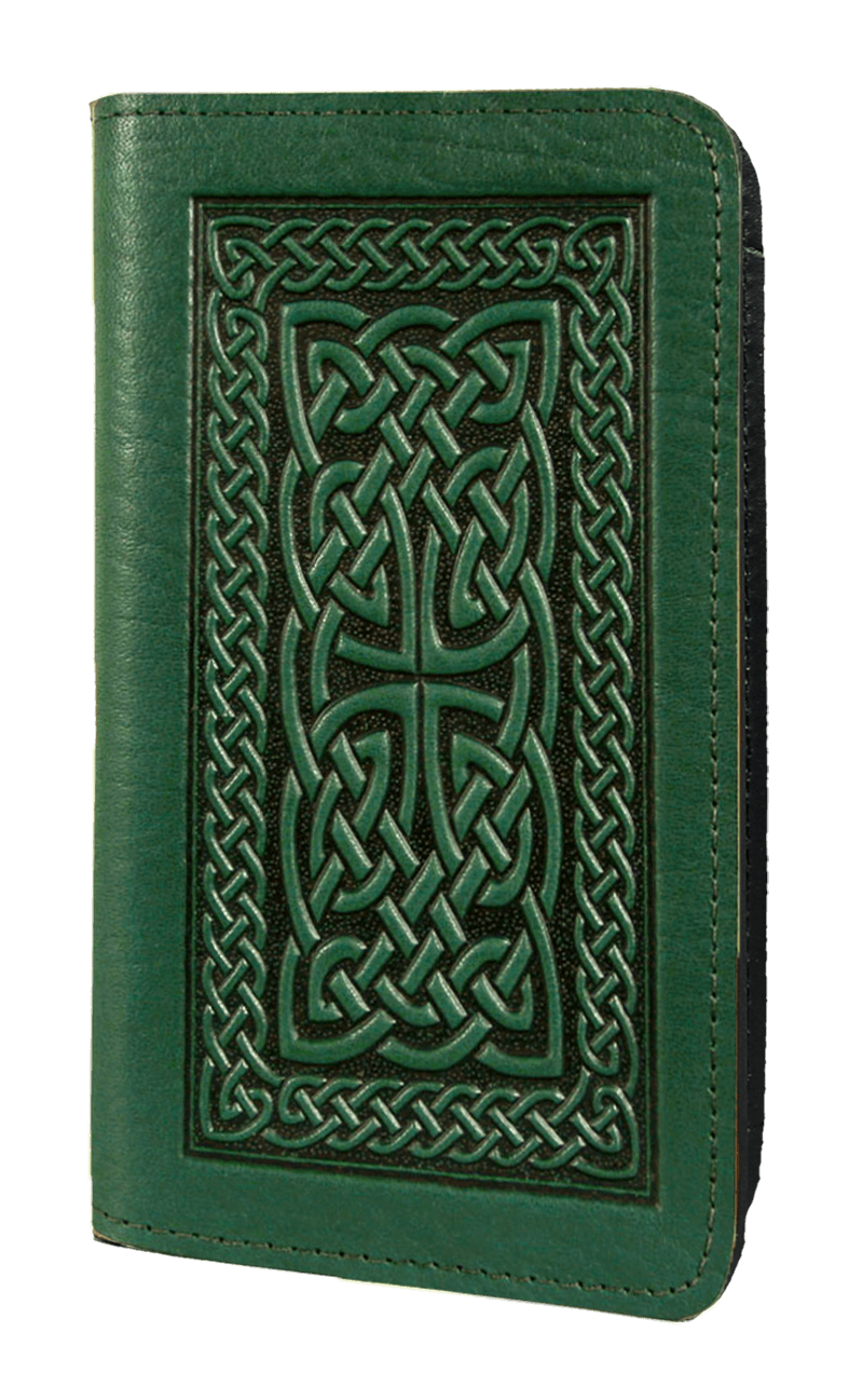 Oberon Design Small Leather Smartphone Wallet, Celtic Braid in Green