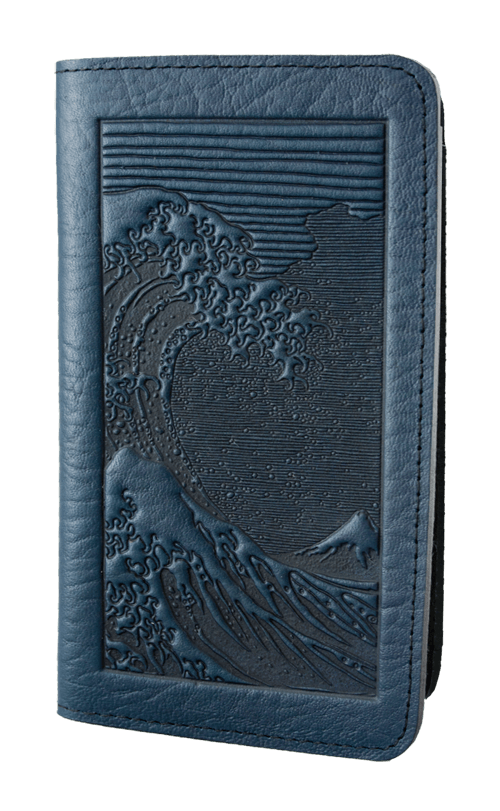 Oberon Design Small Oberon Design Small Leather Smartphone Wallet Case, Hokusai Wave in Navy
