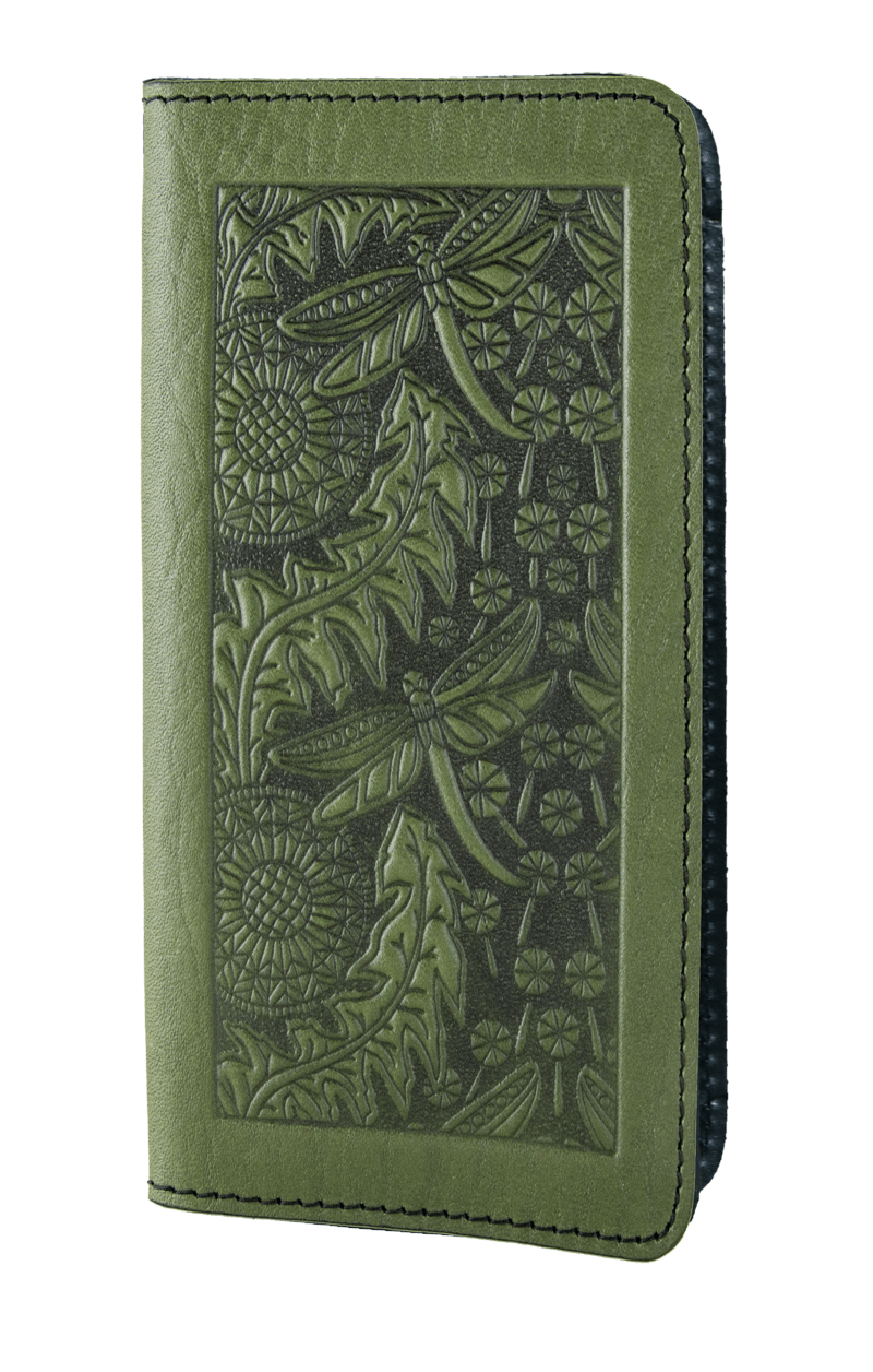 Oberon Design Small Oberon Design Small Leather Smartphone Wallet Case, Dandelion Dragonfly in Fern