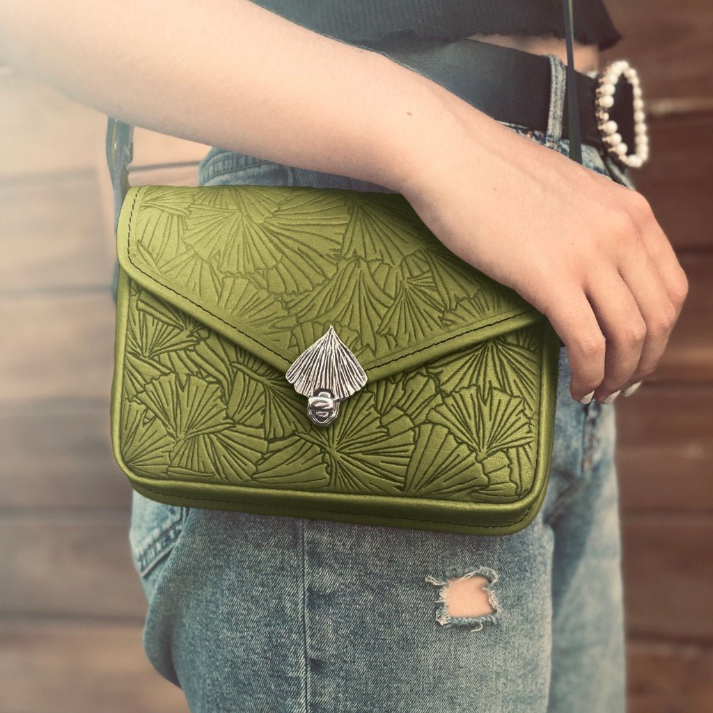 Oberon Design Leather Women's Cell Phone Handbag, Becca, Ginkgo, Fern