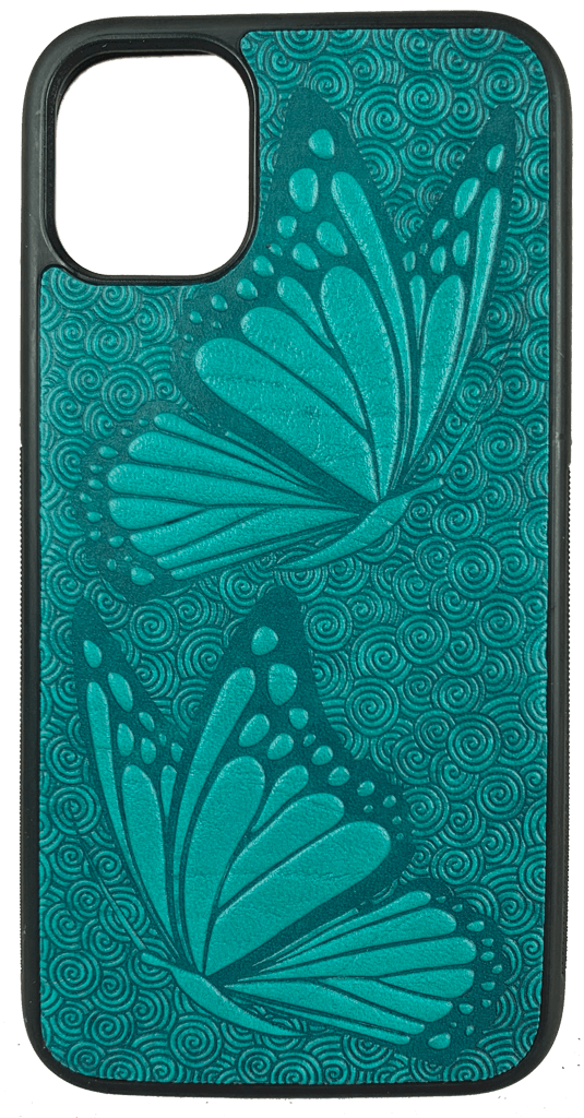 HAPPY EXTRA, Leather iPhone 11 Case, Butterflies in Teal - Oberon Design