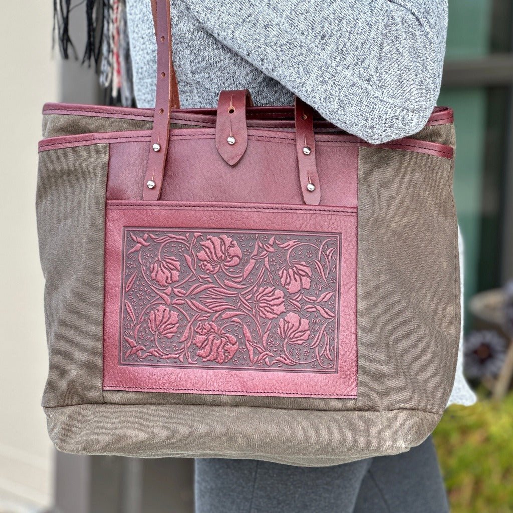 Everyday Tote, Waxed Canvas and Leather, William Morris Tulips, Tan and Wine, Model