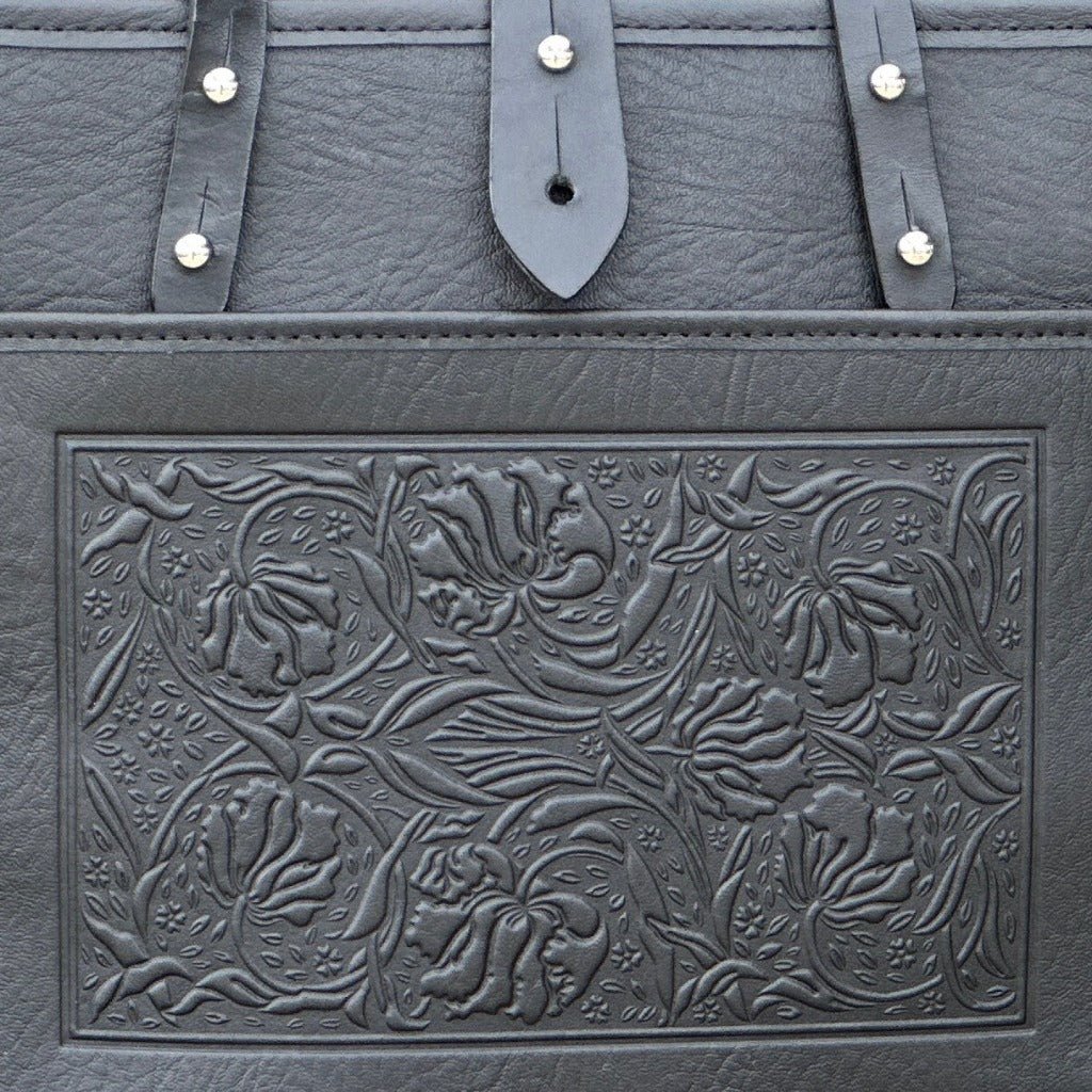 leather and waxed canvas tote, william morris tulips embossed design