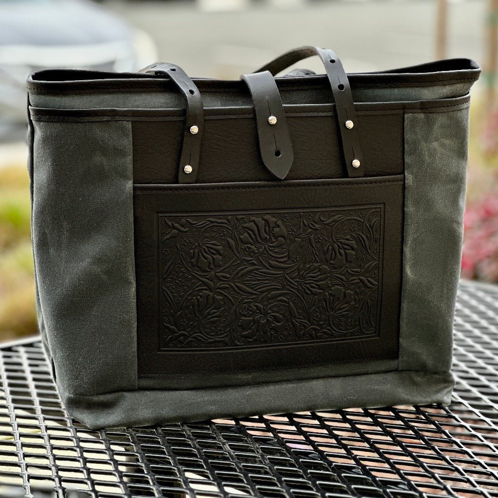 leather and waxed canvas tote, william morris tulips embossed design in Black