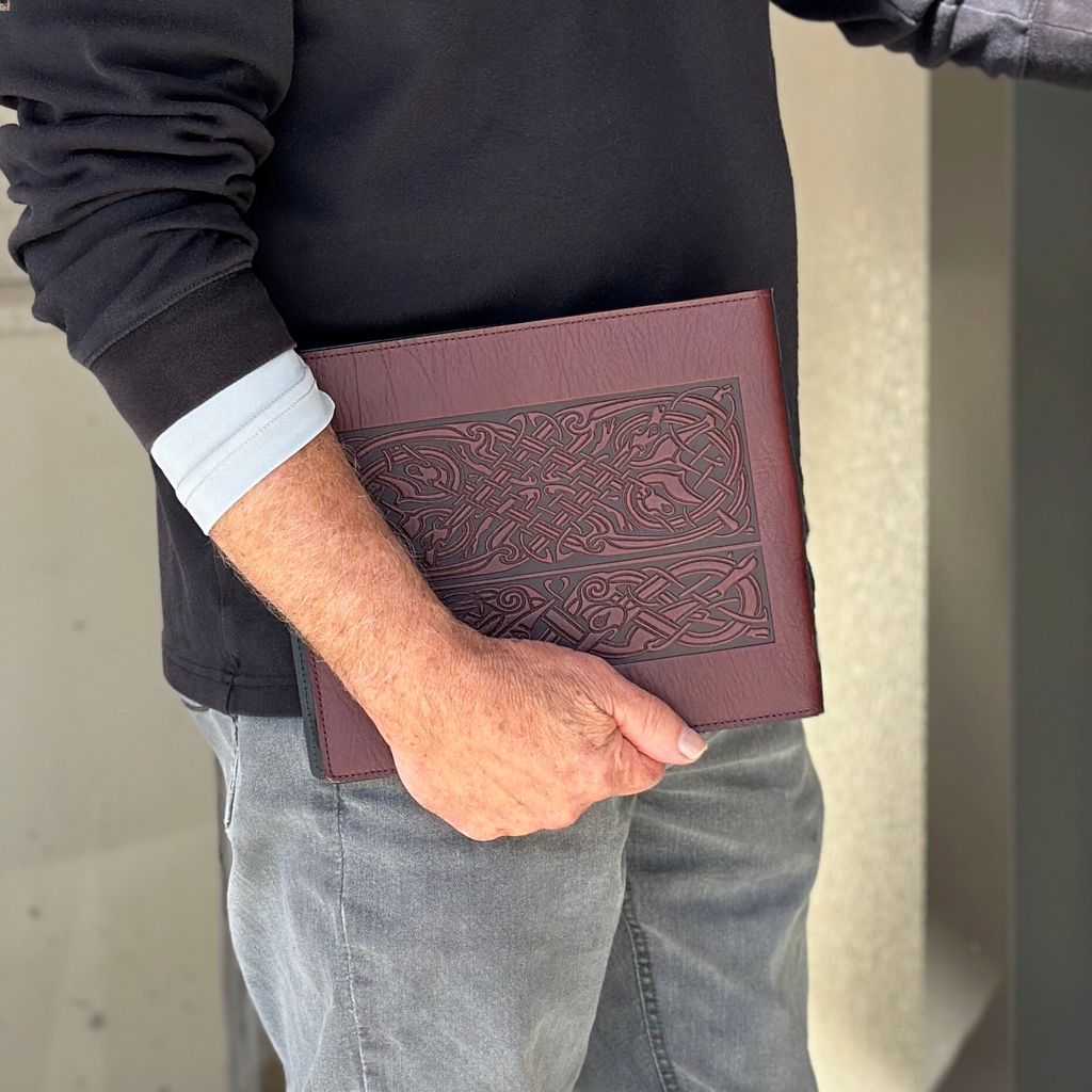 Oberon Design Leather Kindle Scribe Cover, Celtic Hounds, WIne