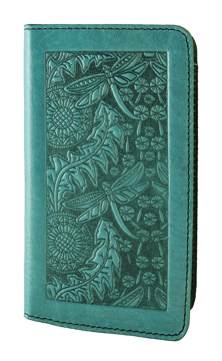 Oberon Design Small Oberon Design Small Leather Smartphone Wallet Case, Dandelion Dragonfly in Teal