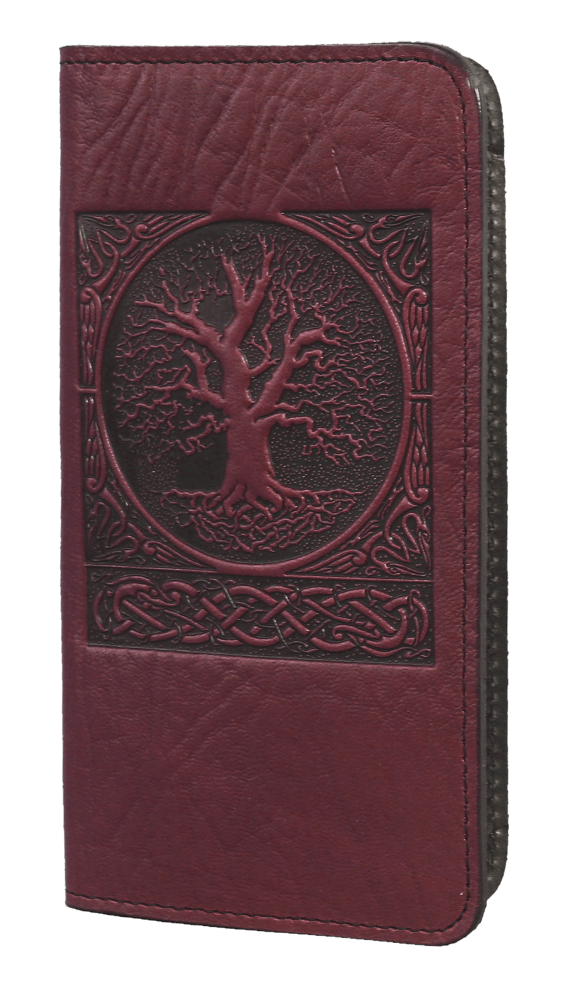Oberon Design Small Oberon Design Small Leather Smartphone Wallet Case, World Tree in Wine