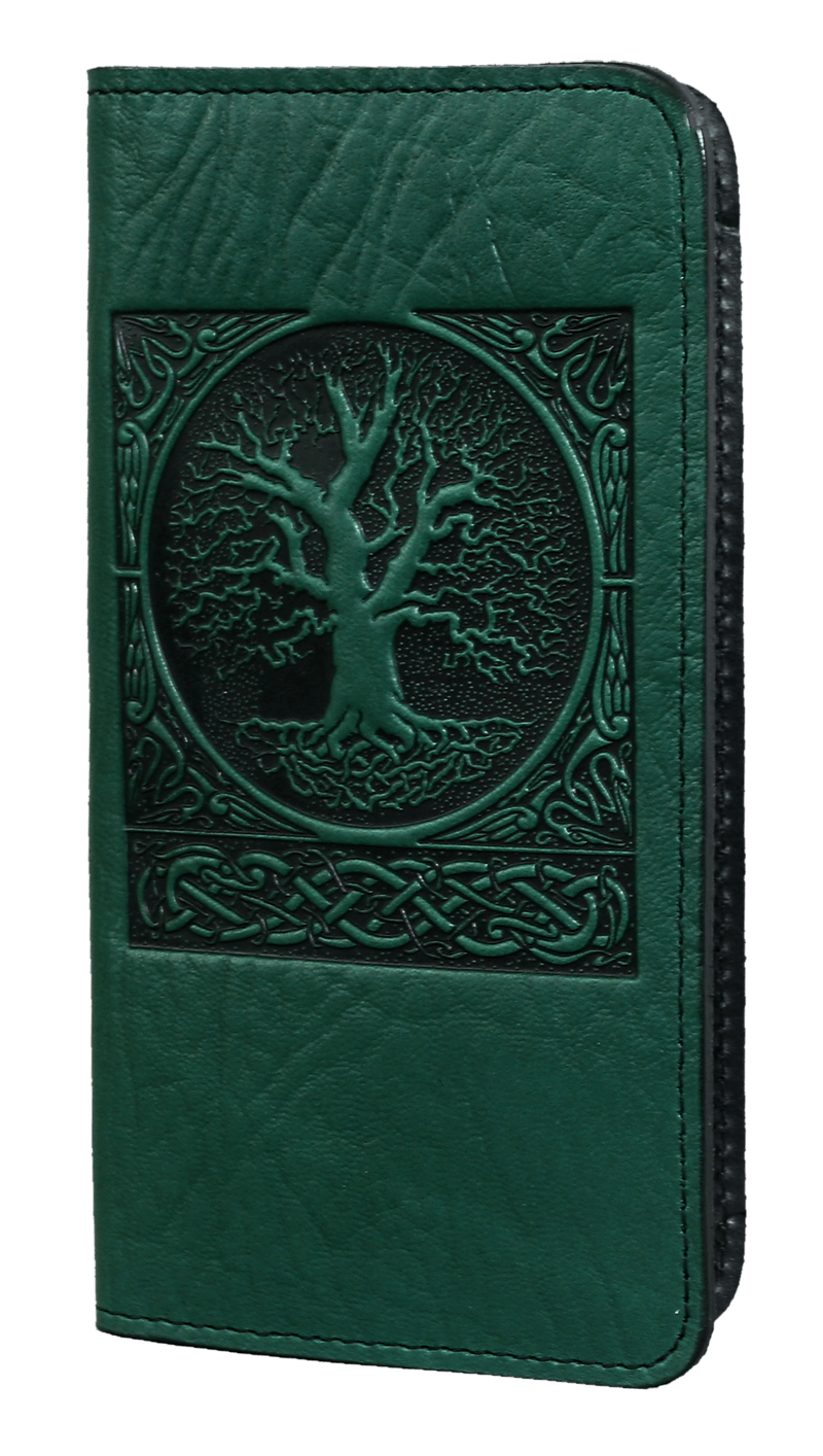 Oberon Design Small Oberon Design Small Leather Smartphone Wallet Case, World Tree in Green