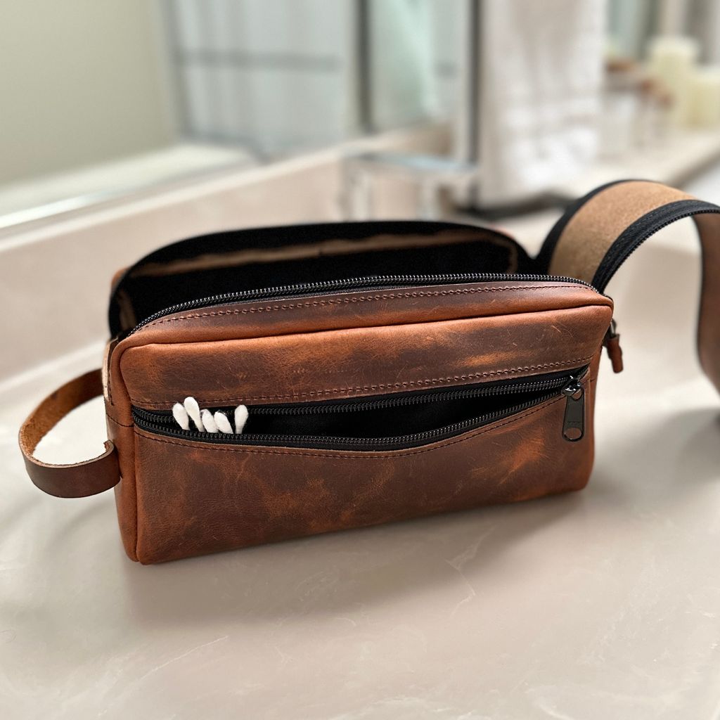 Limited Edition Rustic Leather Dopp Kit, Toiletry Bag, Hard Times in Copper